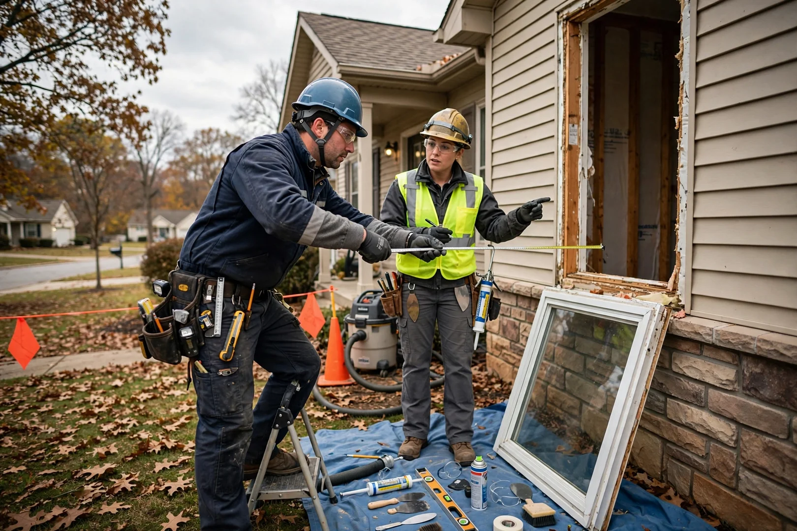Technician inspecting a damaged window sash and frame during a home repair visit