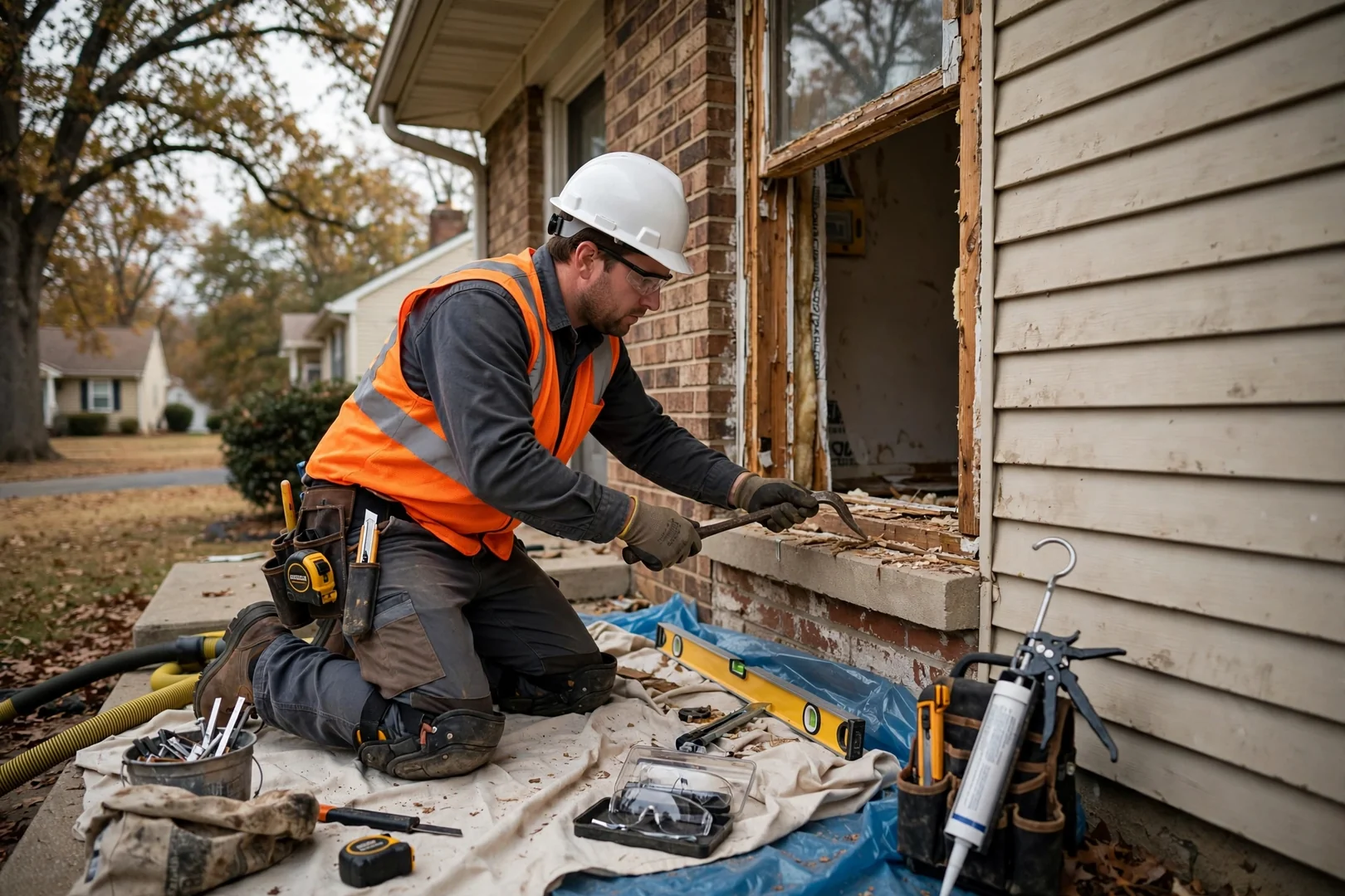 Technician inspecting a double hung window sash and frame inside a St Peters home