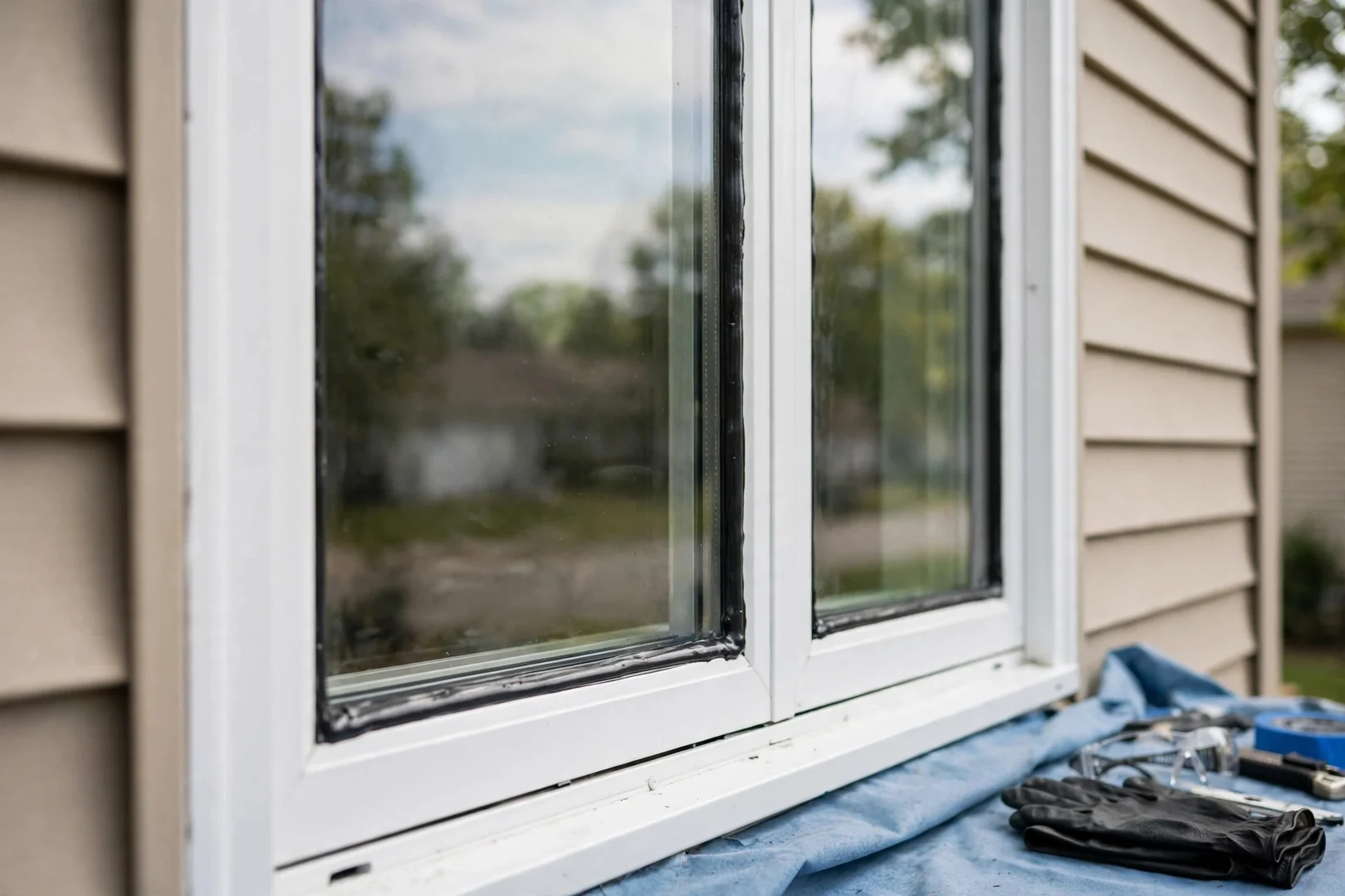 Close-up of a replacement insulated glass unit set into a repaired vinyl window frame
