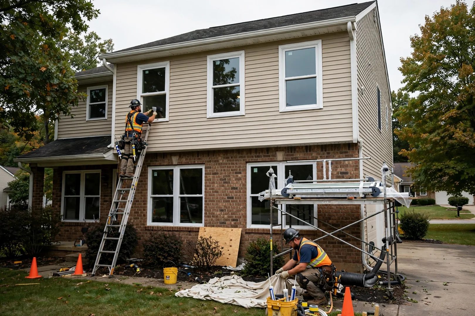 Wide exterior view of a two-story home with newly repaired upper-level windows