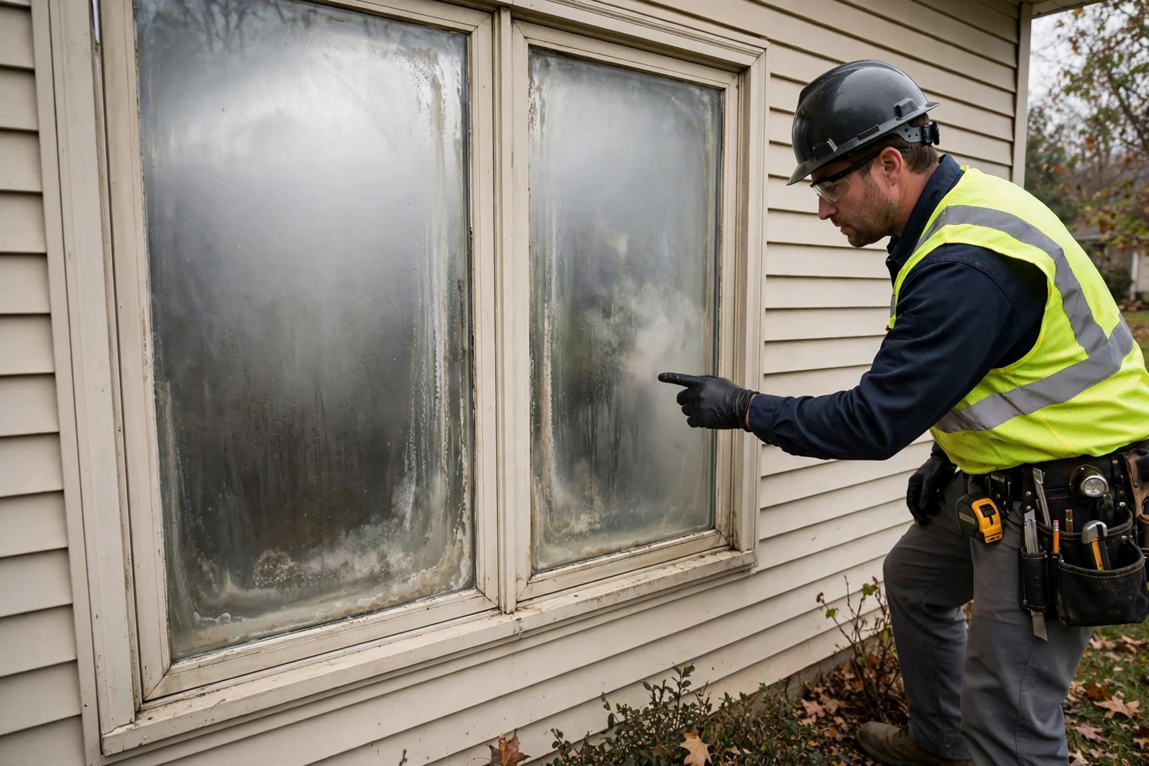 Fogged double pane window showing seal failure before glass replacement