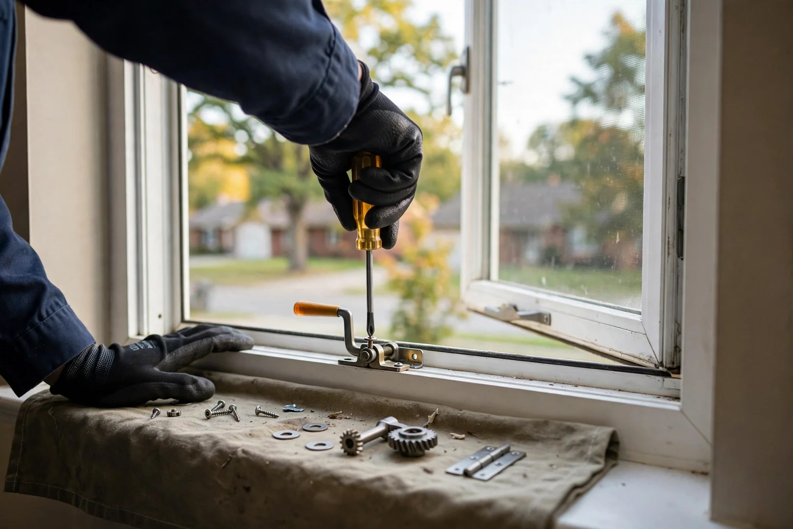 Gloved hands adjusting a casement window crank operator during hardware repair