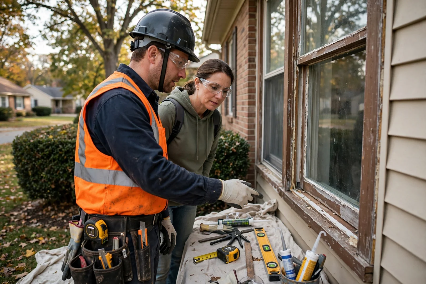 Installer reviewing new window operation with a homeowner during a post-job walkthrough