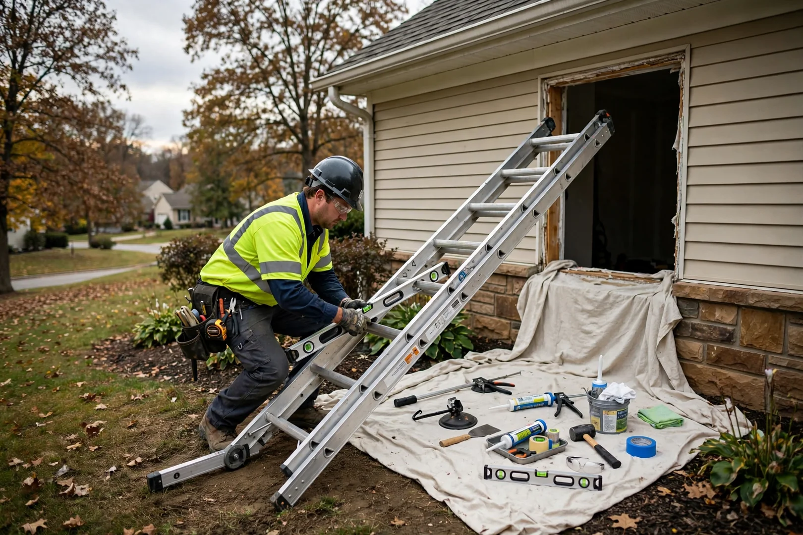 Installer setting up a level ladder on graded ground beside a suburban St Peters home