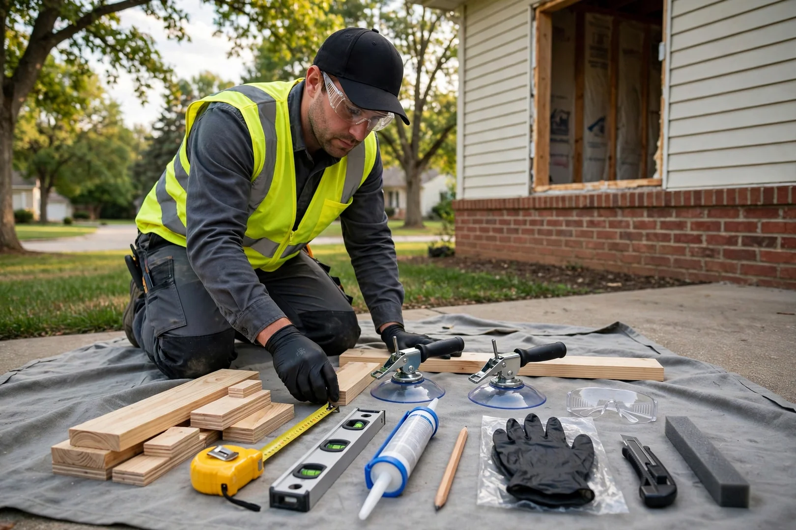 Job kit with measuring tools, shims, sealant, and glass suction handles laid out neatly