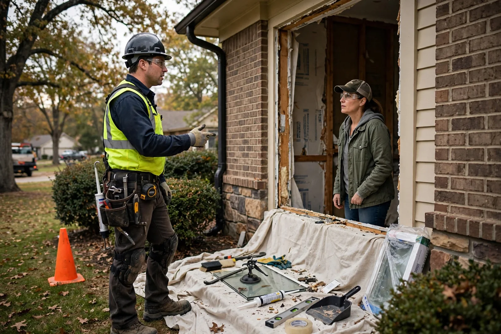 Installer measuring a rough opening while preparing a written window replacement estimate for a homeowner