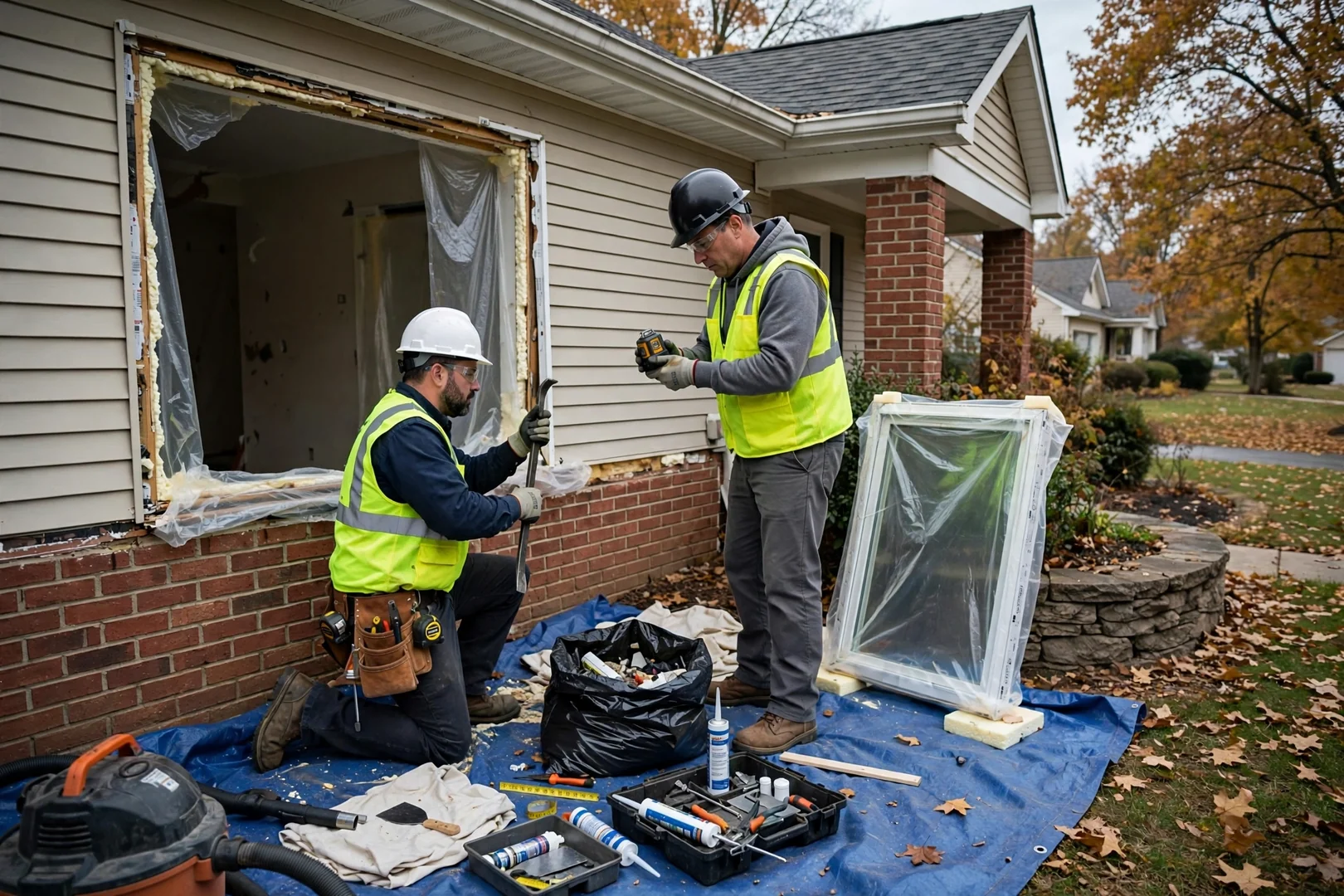 Technician reviewing written window replacement estimate with homeowners at a St Peters kitchen table