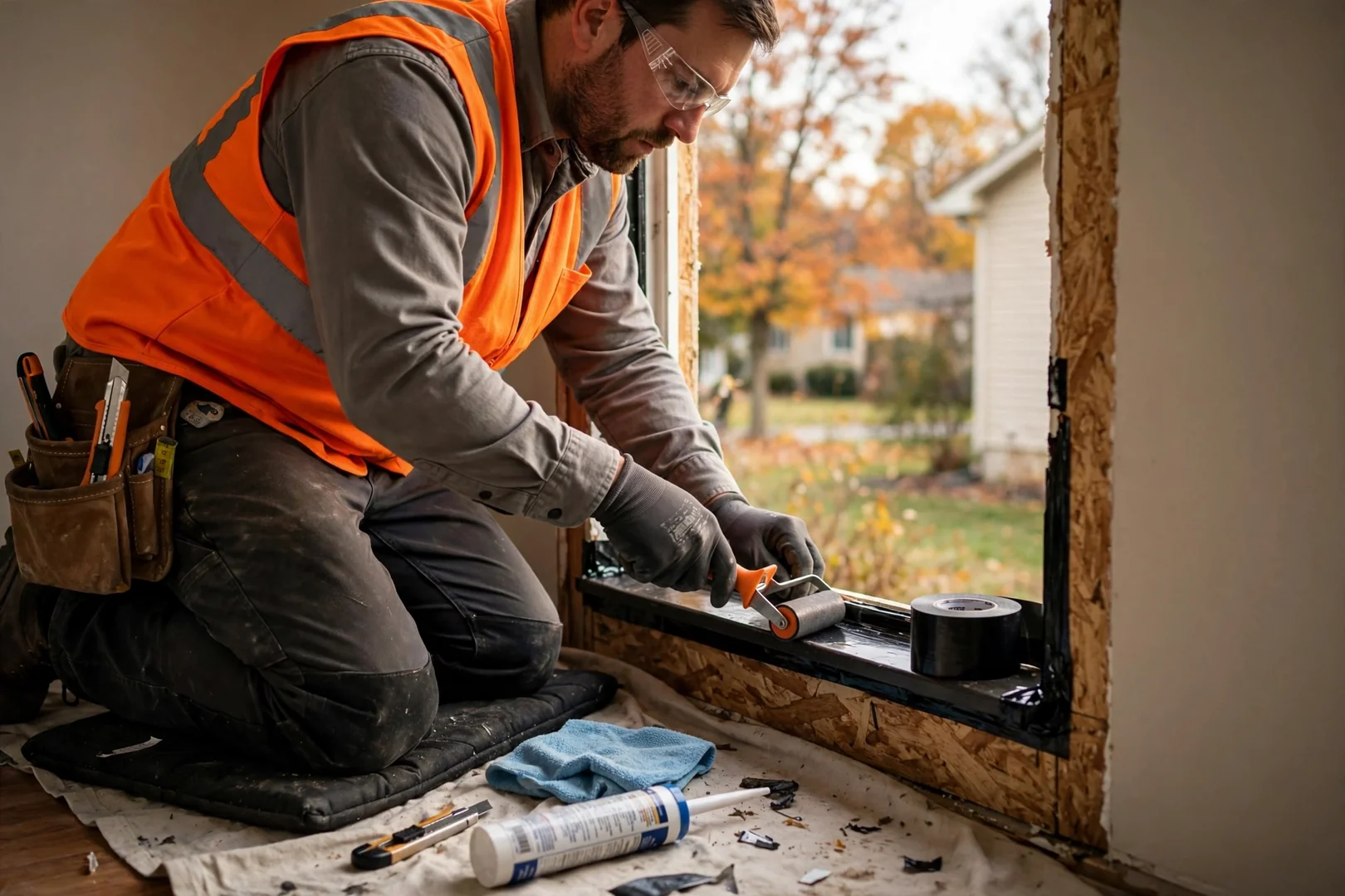 Installer applying flashing tape and sill pan inside a prepared window opening