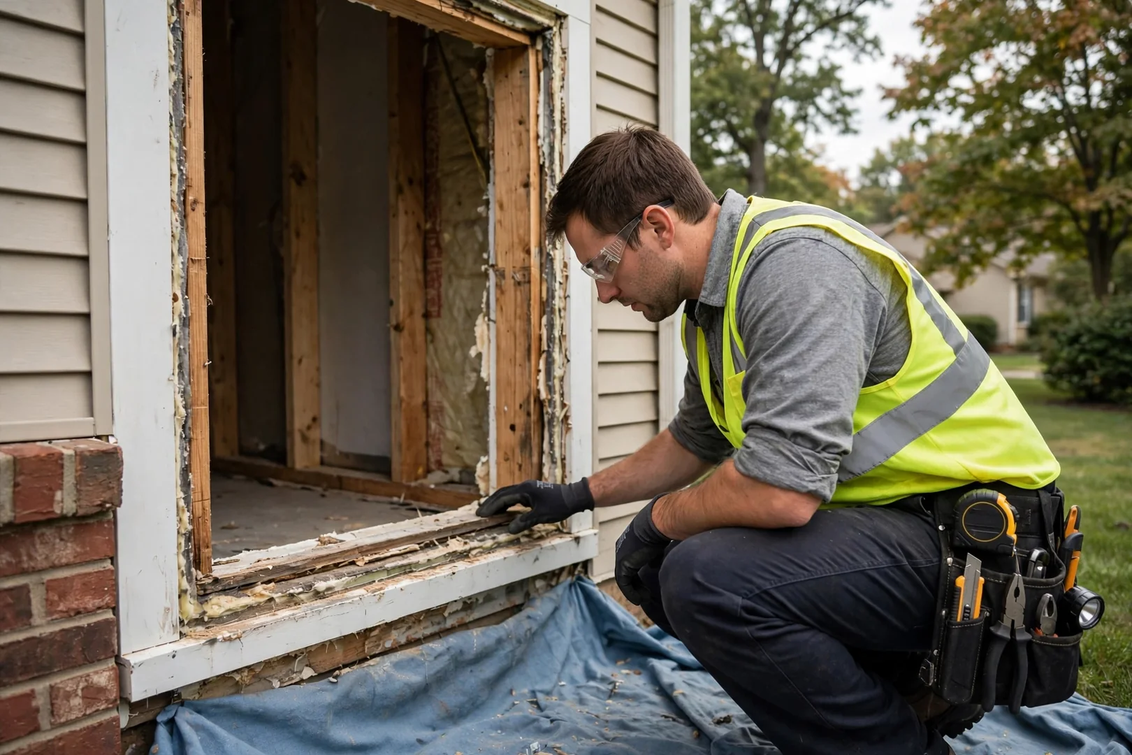 Technician wearing safety glasses and gloves inspecting a window opening before installation