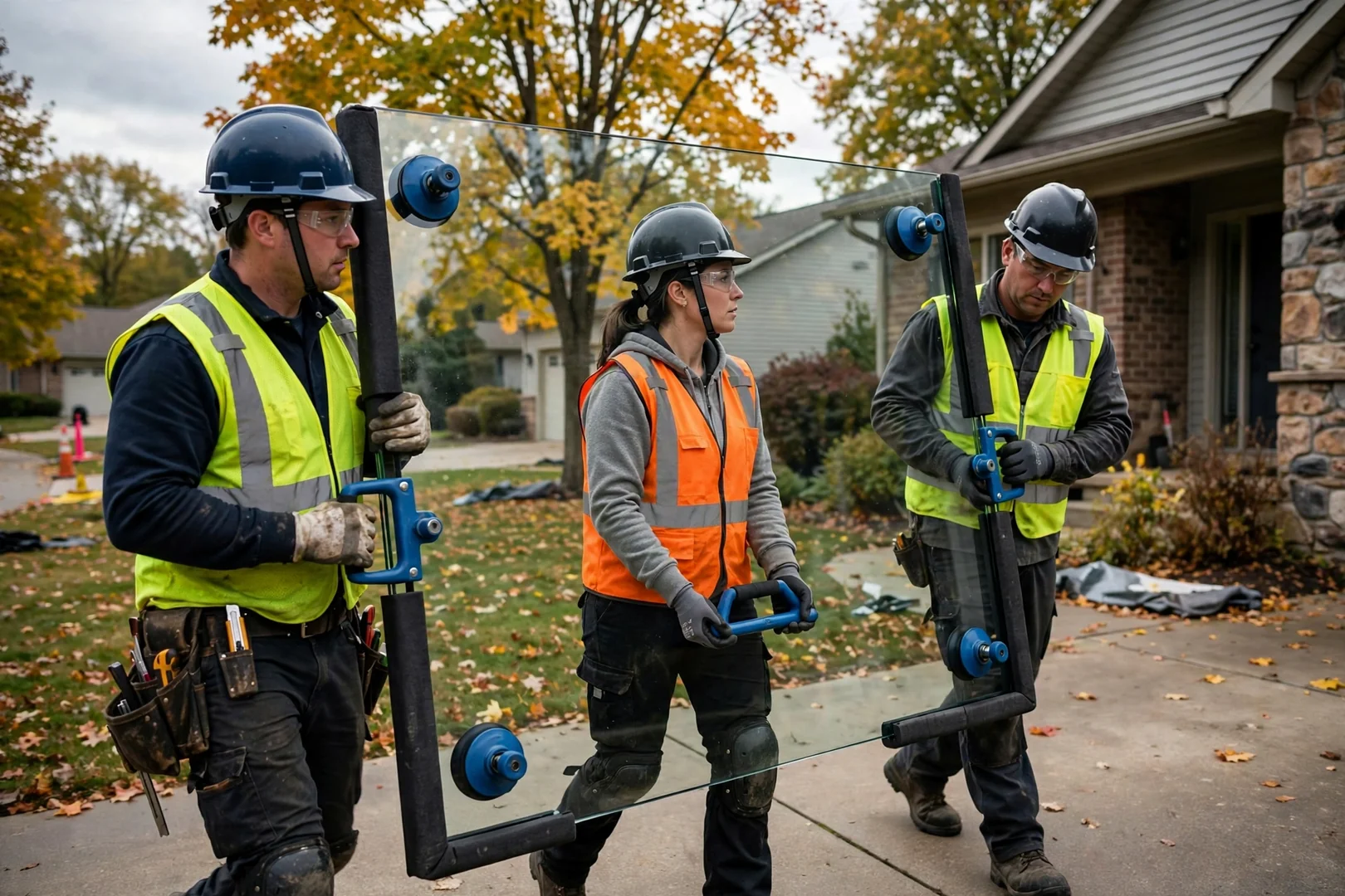Crew members carrying a large glass panel together using suction handles and protective padding