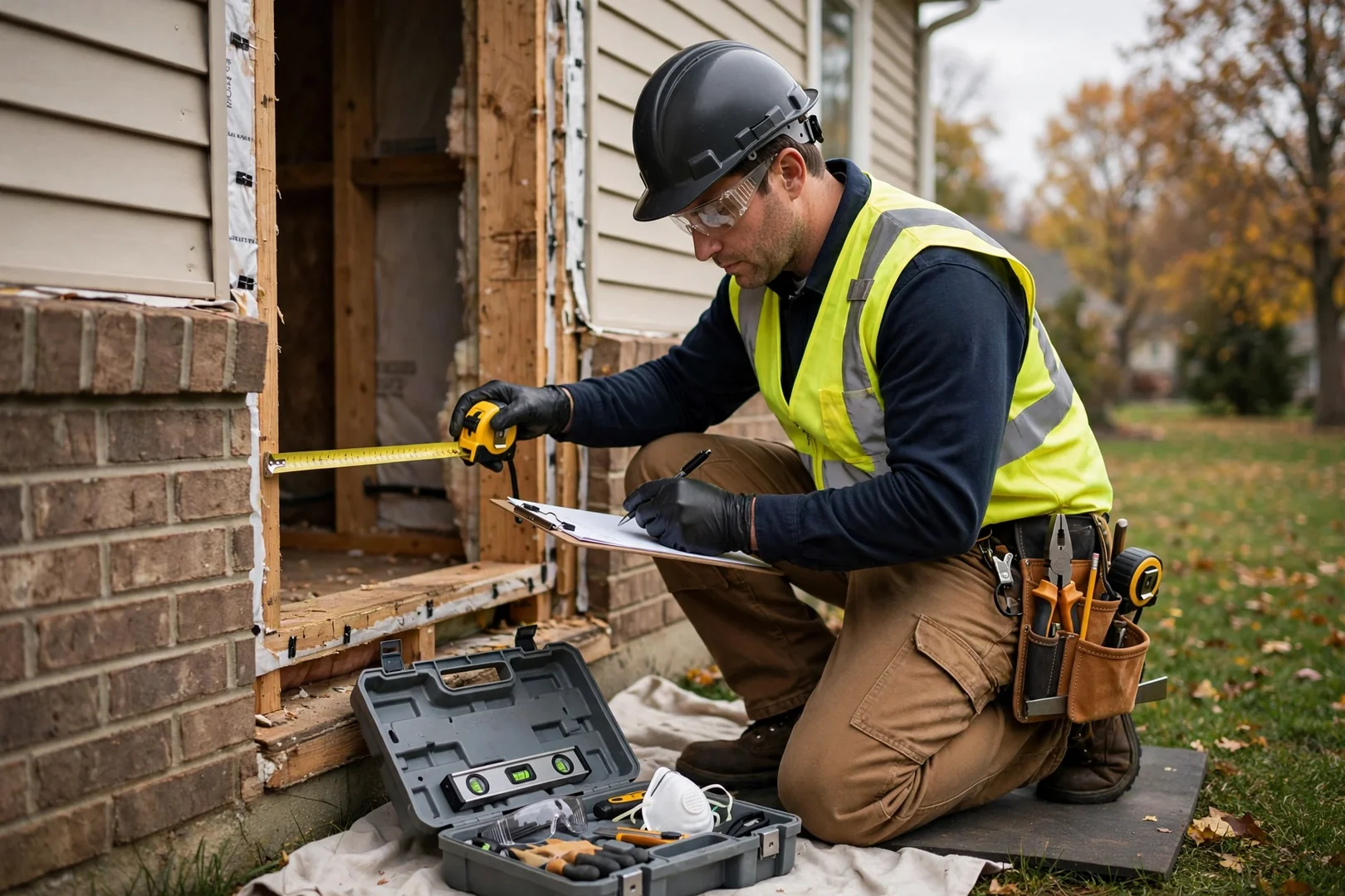 Installer measuring rough opening dimensions and recording notes on a job documentation sheet