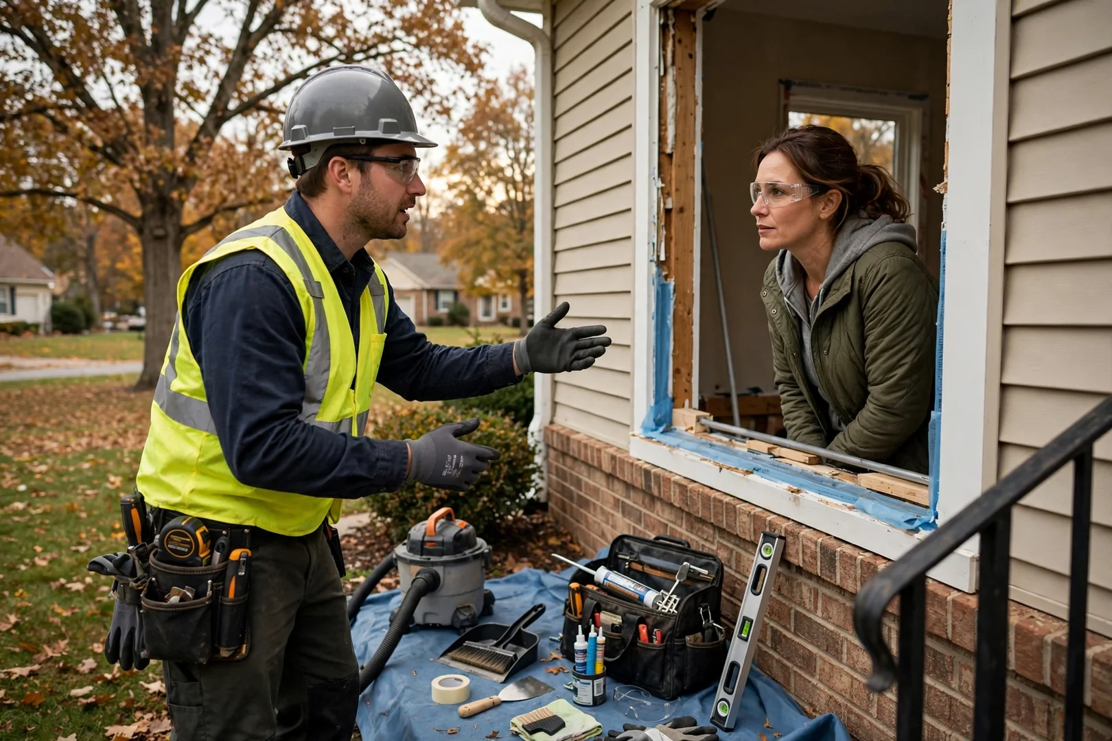 Technician reviewing window measurements with a homeowner at a St Peters home