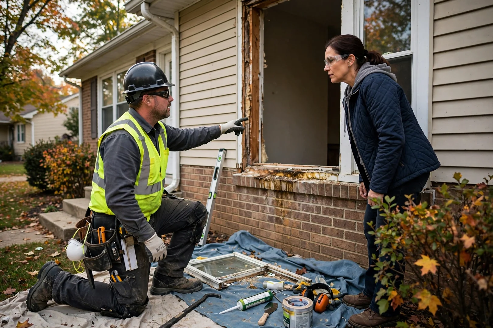 Installer measuring a rough opening before setting a replacement window in a St Peters home
